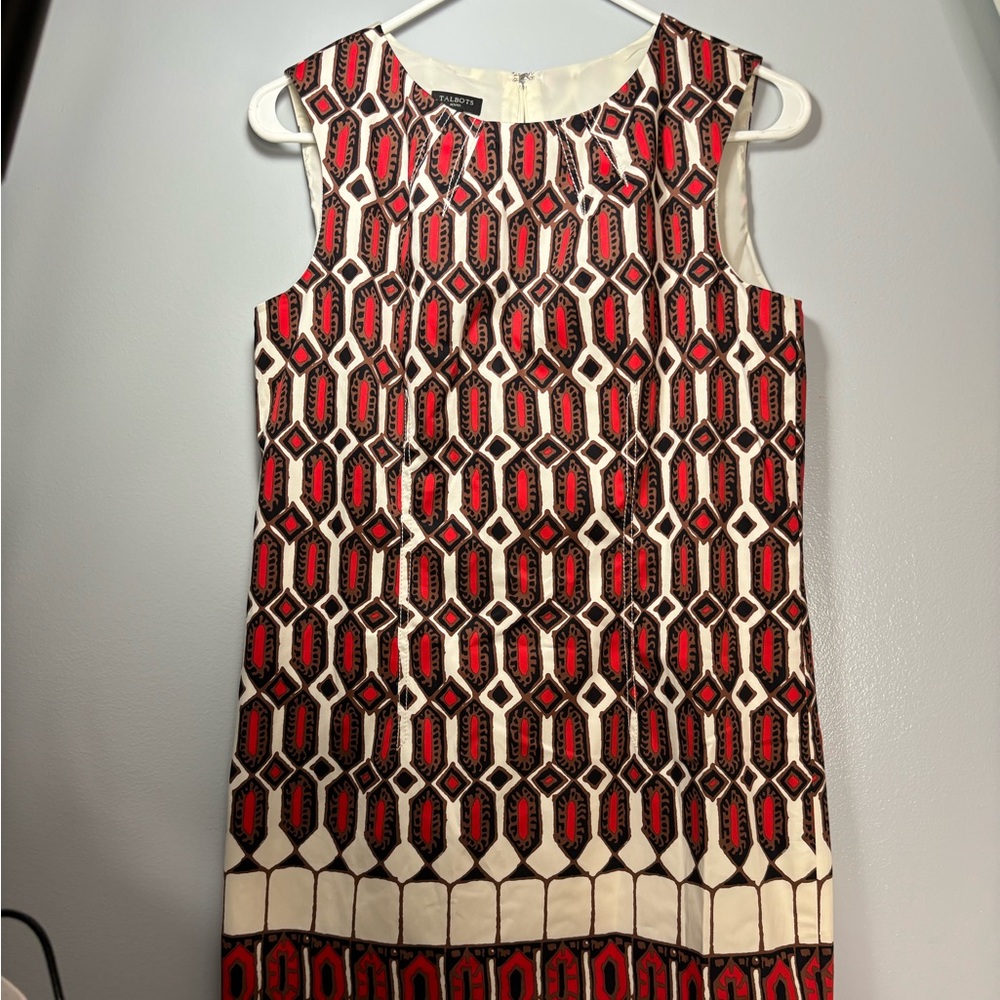Talbots Sheath Dress White Red Stained Glass Geo
Print Cotton Structured Dress